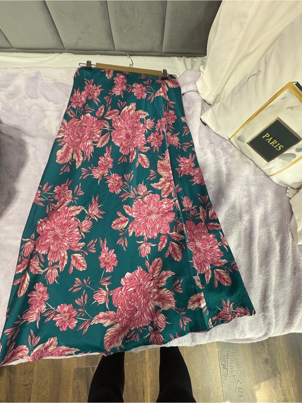 Teal Floral A-Line Maxi Skirt with Pink Blooms